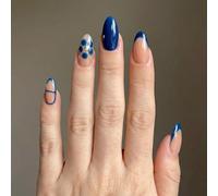 Deep Blue Stiletto False Nails with Glossy French Tip Ombre and Artistic Dot Line Design - Reusable Stick On Artificial Nails for Women, Short Blue for Everyday Wear or Special Occasions