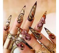 Deep Brown Long Stiletto Acrylic Nails With Gold Metallic Lines & Purple Floral Designs - 24Pcs Reusable Press On Nail Tips Set For Glamorous Women, Stage Performances & Special Occasions