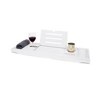 Deep Calm Bath Caddy - Extendable Bath Tray Holds Book, iPad, Tablet, Phone, Wine Glass, Candle - Adjustable Bathtub Table - Luxury, Natural Bamboo Bath Shelf (White)