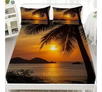 Deep Double Size Fitted Sheet 180x200 cm + 2 Pillowcase Tropical Beach Sunset Microfiber Bedding Sets, All-Around Elastic 30cm depth Natural Scenery Soft Fitted Sheet Set