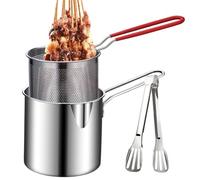 Deep Fat Fryer Set, Stainless Steel Deep Fryer Pot with Strainer Basket and Ktichen Tong, Oil Saving Deep Frying Pot with Long Handle for Frying Chips Fish Shrimp Chicken