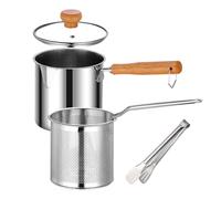 Deep Fat Fryer Set, Stainless Steel Fryer With Strainer Basket And Lid, Minis Deep Fryer With Wood Handle,Oil Saving Small Fryer For Frying Fish Shrimp Chicken And Fries