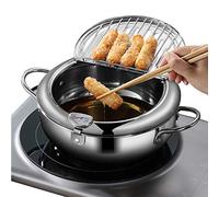 Deep Fryer Pot - Japanese Tempura Small Stainless Steel Deep Frying Pot With Thermometer,Lid And Oil Drip Drainer Rack for French Fries Chicken Wings and Shrimp (24cm/9.4inch)