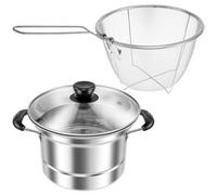 Deep Fryer Pot with Strainer Basket and Steamer Rack, 2 in 1 Stainless Steel Fryer Pot 18cm Non Stick Deep Fryer Saucepan Chip Pan with lid and Handle Multifunctional Deep Fryers for Chicken Seafood