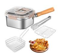 Deep Fryer with Basket - TwentyPointFiveByTwentyPointFiveByElevenPointFiveCentimeter Household Stainless Steel Frying Pan, NonStick SpillProof Deep Fryer Set, Wood Handle, Transparent Cover | Commerci