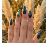 Deep Green Oval False Nails with Gold Glitter Marble Accent - Short Press On Nails Set in 12 Sizes for Elegant Daily Wear and Special Occasions, Glossy Mirror Finish, Autumn Winter Fashion,