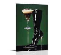 Deep Green Retro Modern Black Boot Martini Canvas Wall Art Poster Edgy Girly Feminism Female Leg Art Painting Home Bar Wall Decor 16x24inch(40x60cm)