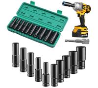 Deep Impact Socket Set 11PCS 1/2 Inch Drive 10-24mm, Extra Long Metric Impact Sockets with 1/4" Hex Shank Adapter, Heavy Duty Socket Set for Impact Wrench, Drill, Ratchet and Car Repair