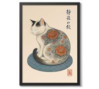 Deep In Thought Poster, Vintage Japanese Woodblock Cat Poster, Ukiyo-E Tattoo Wall Art, A3 (Black Frame) - 45x32.8cm