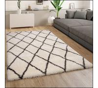 Deep Pile Rug Cuddly Modern Shaggy Flokati Style Diamond Pattern Cream