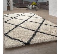 Deep-Pile Rug, Shaggy For Living Room, Scandi Design And Diamond Pattern In Beig