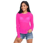 Deep Pink Womens Mesh Long Sleeve Top, See Through Shirts for Women Sexy, Mesh Top Plus Size, Deep Pink, XL
