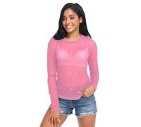 Deep Pink Womens Mesh Long Sleeve Top, See Through Shirts for Women Sexy, Mesh Top Plus Size, Pale Violet Red, M