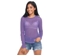 Deep Pink Womens Mesh Long Sleeve Top, See Through Shirts for Women Sexy, Mesh Top Plus Size, Violet, XL