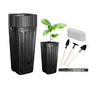 Deep Plant Nursery Pots- Tall Seedling Container, Tree Black Deep Cup With Labels, Seed Starter Tray Kit With 3 Pcs Garden Tools | Plant Labels Square Bottom For Indoor Outdoor Apartment, 7x9x20cm