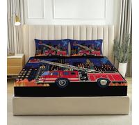 Deep Pocket Fitted Sheet, Cartoon Fire Truck Poster Print Durable Brushed Microfibre Fitted Sheet, Breathable Easy Care 53" x 75" for Students and Young Adults Red Dark Blue