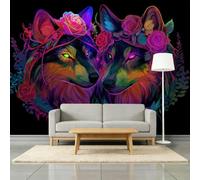 Deep Purple 3D Effect Photo Mural 400W x 280H cm, Fantasy Art Animal Wolf Rose Forest Non-Woven Mural Wallpaper for Lounge Playroom Bedroom Nursery Feature Walls - Purple Bespoke Wall Art Decoration