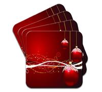 Deep Red Christmas Baubles with Snow on Top Set of 4 Coasters