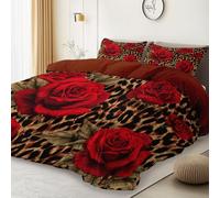 Deep Red Decor Reversible Duvet Cover, Retro Leopard Print Roses Lightweight Soft Brushed Microfiber Duvet Cover Sets with Zipper Closure, Single Size Bedding Set for Kids Boys Teen Bedroom