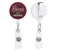 Deep Red Linen Texture Bless Our Home Retractable Badge Holder Reel Clip ID Card Holder for Doctor Nurse Student Office Worker