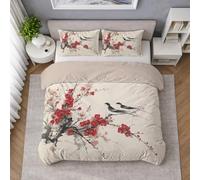Deep Red Super King Duvet Cover Set, Reversible Chinoiserie Plum Blossom Swallow Print, Ultrasoft Hypoallergenic Bedding set, Elegant Natural Quilt Cover for Oriental Decor