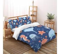 Deep Sea Creatures Quilt Cover 3D Printed Whales Boys Girls Three-piece Set UltraSoft Microfiber Includes 2 Pillowcases Invisible Zipper Double（200x200cm）