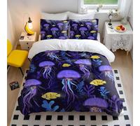 Deep Sea Duvet Cover Luminous Jellyfish & Tropical Fish Bedding Set - Ultra Soft Microfiber, Ocean Themed Bedding for Girls Bedroom Decor (style1,King 240x220cm+65x65cm*2)