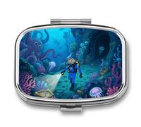 Deep Sea World Travel Pill Box, 2 Compartment Organizer, Weekly Pill Case with One Day Mirror, Medication Organizer for Purse, Pocket or Wallet