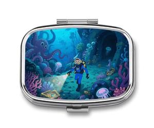 Deep Sea World Travel Pill Box, 2 Compartment Organizer, Weekly Pill Case with One Day Mirror, Medication Organizer for Purse, Pocket or Wallet