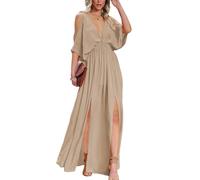 DEEP SELF Women Summer V Neck Cold Shoulder Short Sleeve Maxi Dress Split High Waist Halter Long Goddess Dress, 12-khaki, X-Large