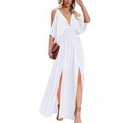DEEP SELF Women Summer V Neck Cold Shoulder Short Sleeve Maxi Dress Split High Waist Halter Long Goddess Dress, 15-white, Large