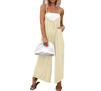 DEEP SELF Women's Casual Loose Sleeveless Jumpsuits Adjustable Spaghetti Straps Wide Leg Baggy Overalls with Pockets, Apricot, Medium