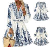 Deep V-Neck Floral Dresses for Women UK Summer Casual Loose Long Sleeve Dresses for Women Casual V Neck High Waist Tiered Swing A Line Dresses Blue