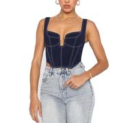 Deep V Neck Sleeveless Corset Corp Top Bustier Y2K Denim Zip Back Coconut Girl Cottagecore Aesthetic for Women, Navy, Small