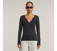 Deep V Overdyed Henley Slim Top - Black - Women XXS