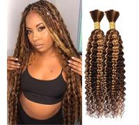 Deep Wave Bulk Human Hair for Boho Braids Human Braiding Hair For Micro Braid 100% No Weft Brazilian Virgin Curly Human Hair Extensions for Boho Braids (Deep Wave P4/27#, 20Inch 100g(50gx2Bundles))