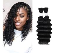 Deep Wave Bulk Human Hair for Braiding 10A Brazilian Curly 100 percent Human Hair 2 Bundles No Weft micro Human Braiding Hair for Boho Braids Virgin Hair Extension(Natural Black, 100g 12")
