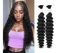 Deep Wave Bulk Human Hair for Braiding 10A Brazilian Curly Human Hair 100 percent Human Hair 2 Bundles No Weft micro Human Braiding Hair for Boho Braids Virgin Hair Extension(Natural Black, 100g 20")