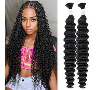 Deep Wave Bulk Human Hair for Braiding 10A Brazilian Curly Human Hair 100 percent Human Hair 2 Bundles No Weft micro Human Braiding Hair for Boho Braids Virgin Hair Extension(Natural Black, 100g 26")