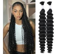 Deep Wave Bulk Human Hair for Braiding 10A Brazilian Curly Human Hair 100 percent Human Hair 2 Bundles No Weft micro Human Braiding Hair for Boho Braids Virgin Hair Extension(Natural Black, 100g 22")