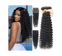 Deep Wave Bundles with Closure Curly Brazilian Virgin Hair 3 with 4x4 Lace Pre Plucked with Baby Hair Bundles(16 18 20 Closure 14)