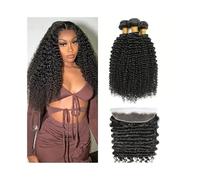 Deep Wave Bundles with Frontal Curly Human Hair Extensions Brazilian Remy Hair 3/4 Bundles with 13x4 Lace Frontal Natural Color(28 28 30 30Closure22)