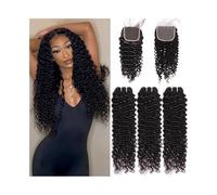 Deep Wave Hair Bundles with 4x4 Lace Closure 3 Pcs Weft & 1 pc Brazilian Curly Remy Extensions Hair Bundles(24 26 28 with 20)