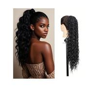 Deep Wave Ponytail Extensions 22 Inch Long Curly Drawstring Ponytail Clip in Synthetic Hair Piece for Women(1B)