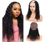 Deep Wave U Part Wig, 100% Virgin Human Hair, 150% Density for Black Women, Brazilian Glueless U Part Hair Extensions, Clip In Half Machine Made Wigs, Soft and Silky, 20 Inches, Natural Colour