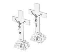 DEEPCRAFF 2pcs White Crystal Jesus Cross Figurine with LED Light Base, Radiant Illumination and Stable Display, Elegant Craftsmanship with Intricate 3d Engraved Crucifix Details, for Church
