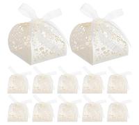 DEEPCRAFF Elegant Hollow Rose and Easy to Store 50pcs Wedding Candy Boxes with Ribbon, Sturdy Paper Construction Beige Party Favour Boxes for Engagement Parties and Wedding Decorations