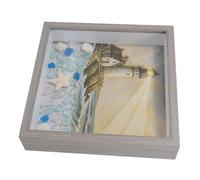 DEEPCRAFF Nautical Lighthouse Night Light with Wooden Shadow Box Frame and Sea Glass Accents, Beach Themed Decorative Lamp for Entryways and Living Rooms, Coastal Ocean Wall Art