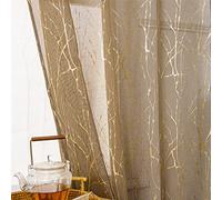 Deeprove Sheer Curtains 96 inches Long 2 Panels Set, Tree Branch Gold Foil Print Metallic for Bedroom Abstract Christmas Decor, Voile Window Treatment Drapes Pair, Rod Pocket, W52 x L 96" Taupe