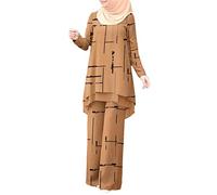 Deepsko Women's Striped Print Long Sleeve O Neck Top Wide Leg Pants Muslim Suits Khaki M